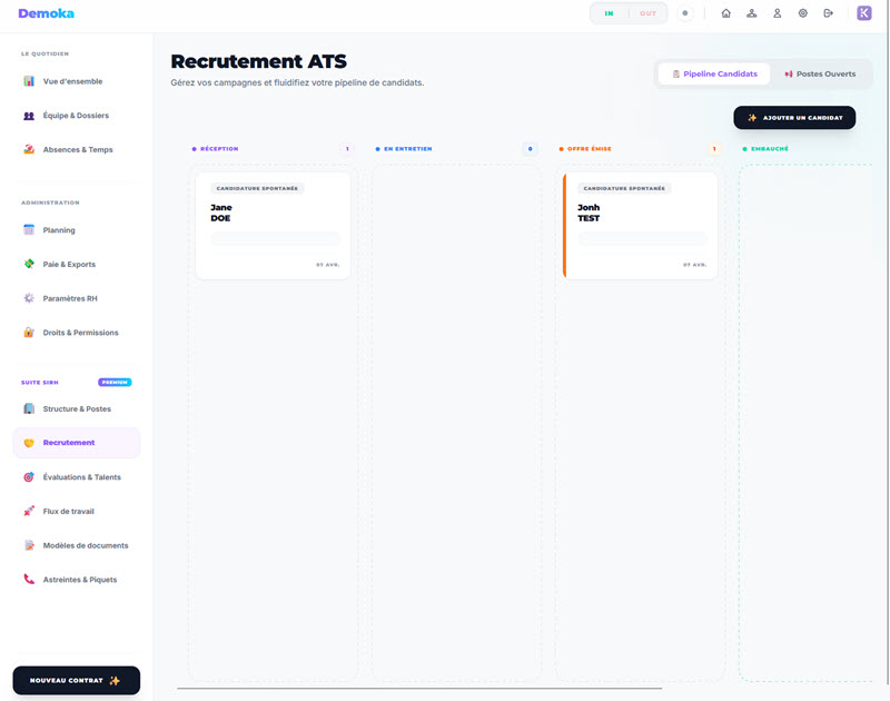 Interface KronoApp - Pipeline Recrutement Kanban